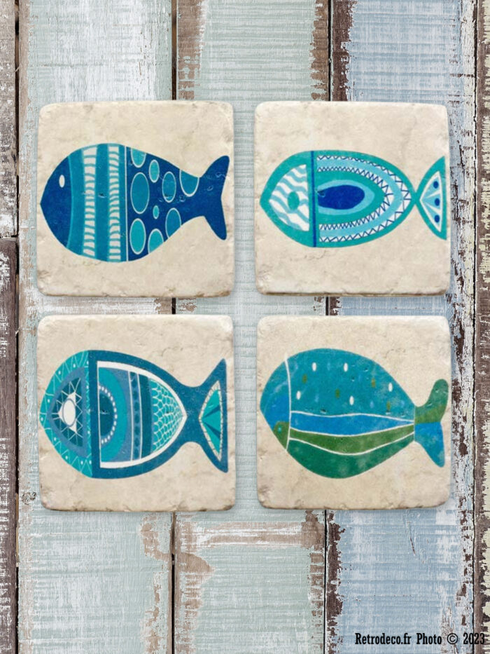 Set de 4 dessous de verre Poissons en résine Chehoma